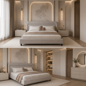 Luxury upholstered bed Abu Dhabi UAE with curved headboard